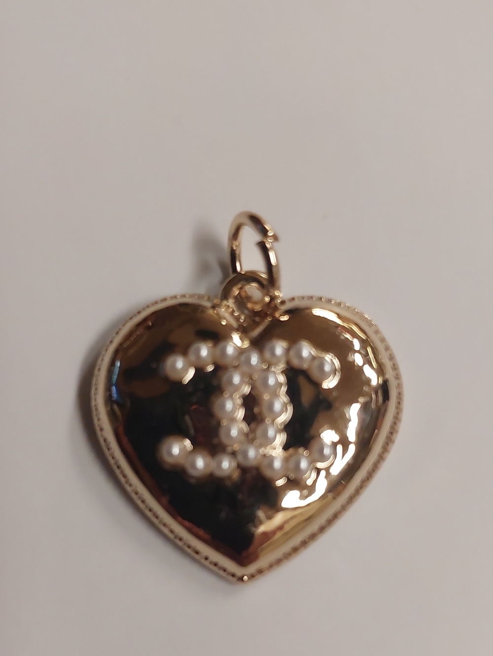 CC Gold Heart Charm Pendant with Pearl Logo Accent